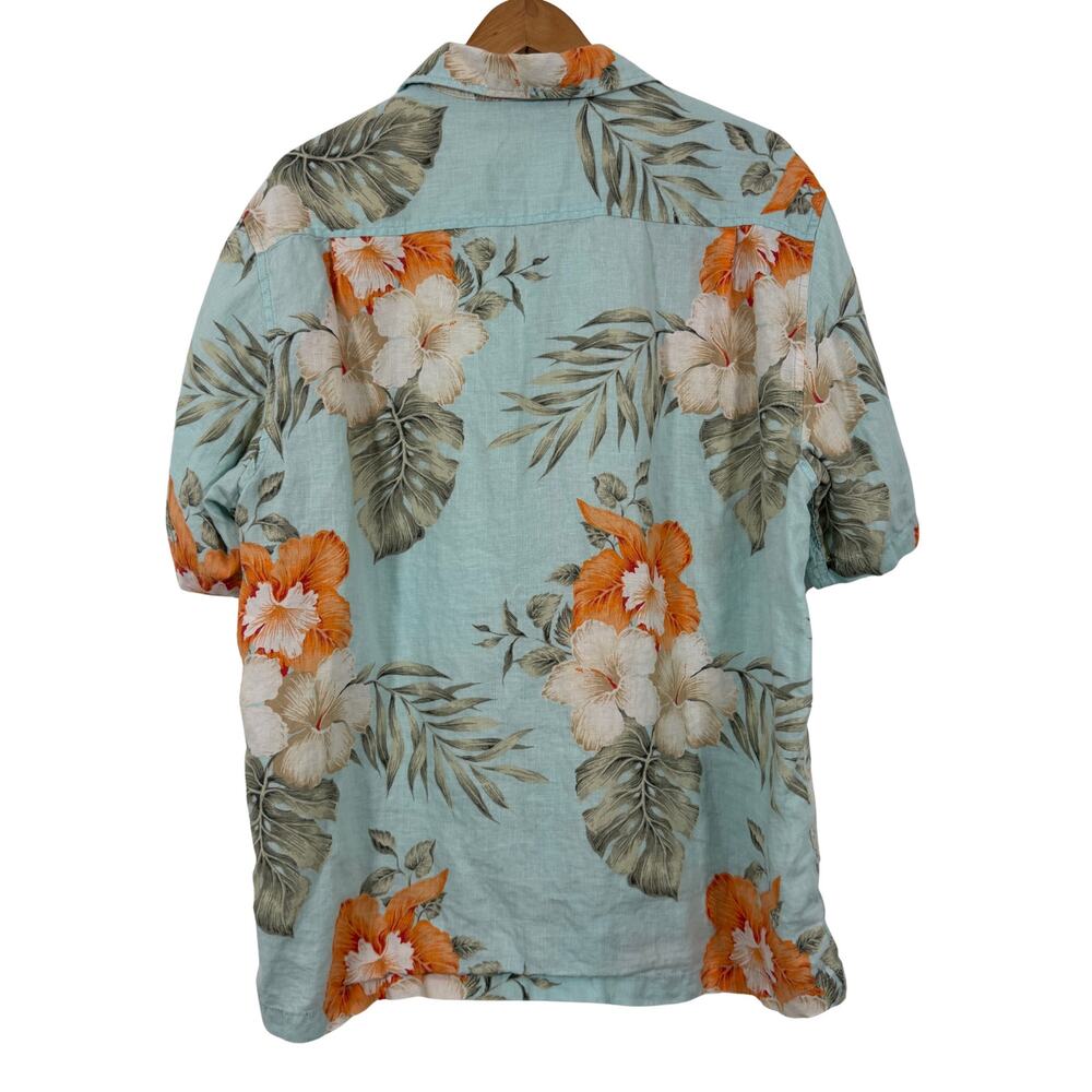 Caribbean Men’s Linen Hawaiian Shirt Large Aqua Blue Floral Tropical Camp - Picture 3 of 10